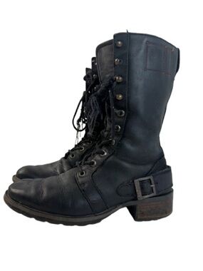 Timberland Black Leather Lace-Up Combat Boots with Buckle Strap